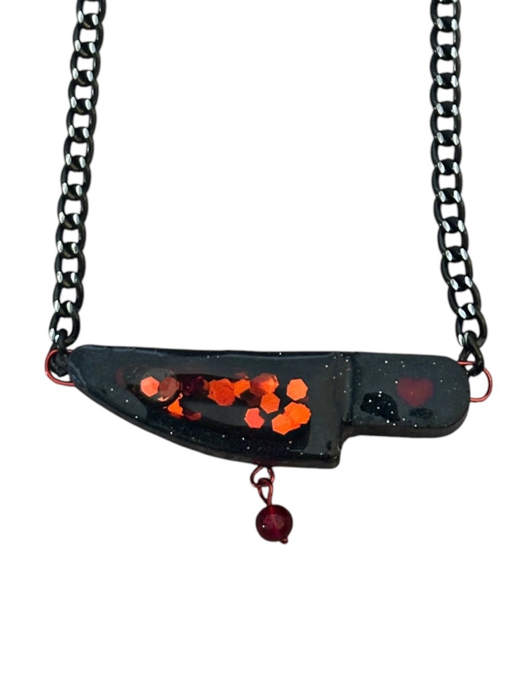 Knife Dagger Pendant Necklace Resin Movable Confetti Encapsulated Red Black 8"